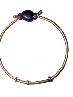 Vintage Brass Adjustable Bangle Bracelet with Purple and Black Stone Beads